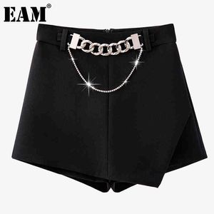 [EAM]女性黒のカジュアルな非対称チェーンショーツハイウエストルーズフィットズボンファッションスプリング夏1dd8512 210512