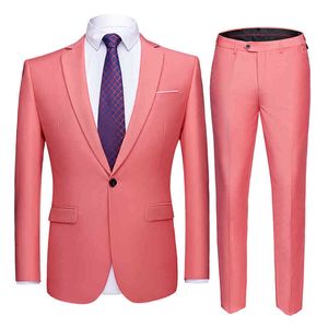 Pembe 2 Parça Takım Elbise (Ceket + Pantolon) Erkekler Düğün Balo Takım Elbise Erkekler Marka Slim Fit Tek Düğme Örgün İş Smokin Takım Elbise Erkek 210524