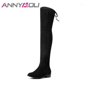 Boots ANNYMOL Women Tall Med Heels Thigh High Winter Thick Heel Autumn Shoes Lace Up Gray Khaki Ladies Plus Size 34-431