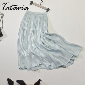 Tataria High Waist Pleated Skirt for Women Mid Calf s Elastic Pearl Luster Solid Color Half-length s 210514