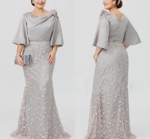 Grey Silver Lace Mother Of The Bride Dresses Half Sleeves Mermaid Wedding Guest Dress Plus Size Formal Evening Prom Party Gowns