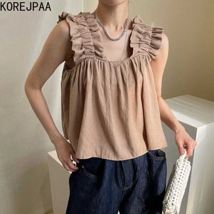 Korejpaa Kvinnor Tank Sommar Fransk Retro Temperament Square Collar Wooden Ear Rem Baby Shirt Loose Fold Short Camisole 210526