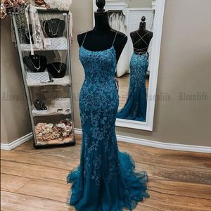 Teal Blue Prom Dress Mermaid Cross Spaghetti Straps Lace Severiques Trevanues Evening Party Donsals One Vestidos