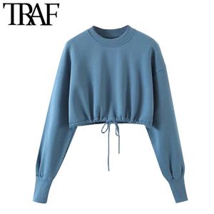 Women Fashion With Drawstring Loose Cropped Sweatshirts Vintage O Neck Long Sleeve Female Pullovers Chic Tops 210507