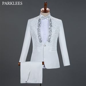 2 peças Branco Um botão Ouro Bordado Diamante Terno Homens Marca Carrinho Collar Slim Fit Noivo Noivo Mens Ternos com Calças Terno 210522