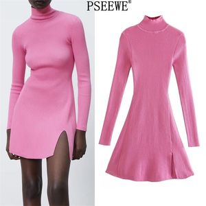 Spring Dress Pink Striked Short Es Women Långärmad Hög Neck Mini Sweater Kvinna Slim Ladies ES 210519