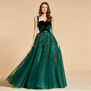 2022 Elegant Hunter Green Evening Dresses Straps A Line Long Velvet Tulle Prom Dress Appliques Beaded Full Length Special Occasion Gowns Custom Made Plus Size