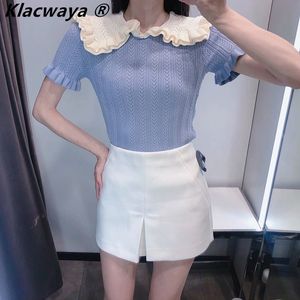 Fashion Women Short Sleeve Crop Knitted Top Casual Navy Collar Paneled Sweet Spring Summer Knit T-Shirt 210521