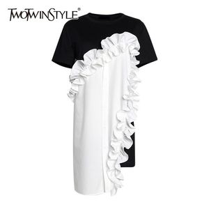 Spring Hit Color Women Dress O Neck Short Sleeve Loose Ruffles Asymmetrical T Shirt Dresses Female Fashion 210520