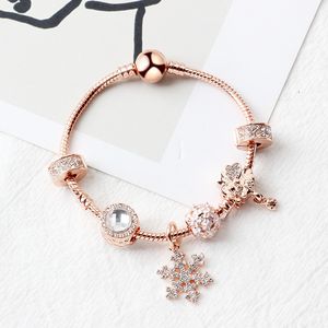 Strands Pandor Rosa Rosa Snowflake Pingente String Embelezado Charme Pulseira DIY Personalidade Menina Presente