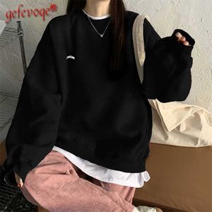 Fleece Tjocka Pullover Toppar Femmes Oversized Höst Vinter Tjej Koreansk version Hoodies Street Style Letter Broderi Sweatshirt 211109