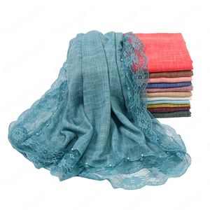 Kvinnor Lace Stitch Floral Pärlor Patchwork Viskos Sjal Scarf Högkvalitativ Wrap Pashmina Snood Bufandas Muslim Hijab 200 * 87cm