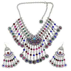 Earrings & Necklace Turkish Silver Color Coin Tassel Bib Statement Earring Sets For Women Afghan Gypsy Rhinestone Jewelry Set