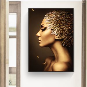 Golden Woman Girl Posters And Print Abstract Canvas Painting Wall Art Pictures For Living Room Modern Home Decor