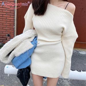 Aelegantmis Split Sleeve Elegante Weiche Warme Frauen Gerippte Bodycon Mini Pullover Kleid Koreanische Mode Dünne Weibliche Gestrickte 210607