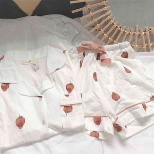 여성용 면화 잠옷 여름 잠옷 잠옷 잠옷 Coton Femme Pijamas de Verano Mujer 귀여운 딸기 인쇄 홈 옷 Homewear 210809