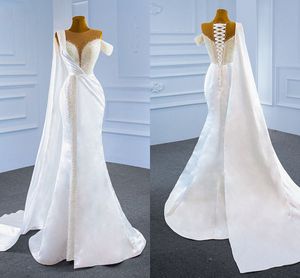 2021 Luxurious Pearls Mermaid Wedding Dress With Wraps Satin Sheer Boat Neckline Cap Sleeve Lace-up Trumpet Bridal Dresses Women