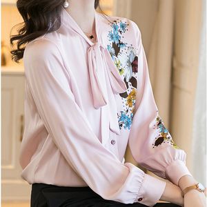 Mulheres de seda coreana blusas mulheres camisas de manga comprida camisas mulher cetim floral blusa tops plus size elegante impressão camisa xxxl 210427