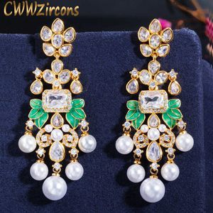 Luxury Long Pearl Tassel Drop Dangle Earrings Cubic Zircon Royal Wedding Engagement Party Jewelry for Women CZ661 210714