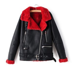 Vintage kvinnor röd päls krage rockar vinter damer pu läder jacktes kvinnliga mode moto tjejer faux coat 210427