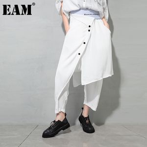 [EAM] Высокая эластичная талия белая нерегулярная кнопка длинные брюки гарема свободные брюки женские мода весна осень 1dd8347 21512