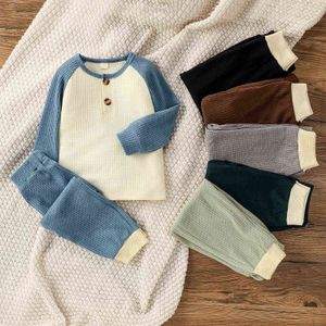1-6Y Autumn Casual Kids Girls Boys Clothes Sets Solid Patchwork Long Sleeve Pullover Knit Tops Pants X0802