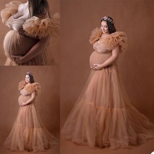 2021 Elegant Champagne Plus Size Pregnant Ladies A Line Sleepwear Dress Ruffle Nightgowns For Photoshoot Lingerie Bathrobe Nightwear Baby Shower