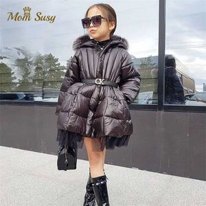 Baby Girl Jacket Winter Long Cotton Padded Toddle Teens Shiny Hooded Down Gauze Child Coat Thick Clothes 3-14Y 211222