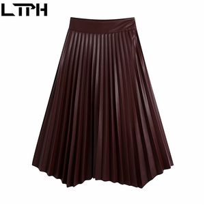 Высокое качество старинные средние длины высокой талии кожаные плиссированные юбка нерегулярные PU элегантные корейские женские юбки осень 210427