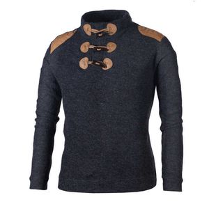 2019 Jesień męski sweter Pullover Męski Z Długim Rękawem Horn Guzik Dzianiny Turtleneck Swetry Slim Fit Black Gray Sweters S-2XL Y0907