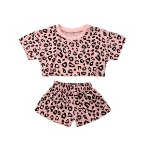 Neonate Cotton Leopard Grain Stampato manica corta O-Collo Abbigliamento Summer Tee + pantaloni corti Abiti casual per bambina