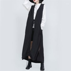 Koreańskie swobodne kobiety kamizelki luźne, solidne ciemne, długie płaszcz Spring 2021 Jesienne Mleeveveless Fashion X-Long Cardigan Tiew Up1