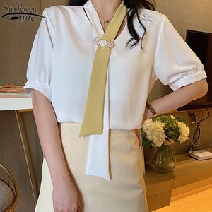 Korea Style Blouse Women Summer Vintage Necktie Sexy V-neck Short Sleeve Woman's Shirt Puff Chiffon 10352 210427