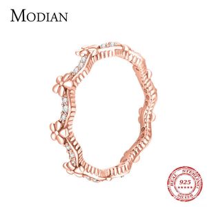 Reale argento sterling 925 3 colori anelli di barretta in oro rosa alla moda fascino fiore anello impilabile per le donne gioielleria raffinata 210707