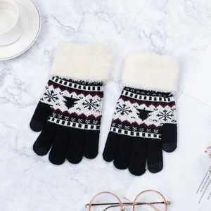 Vinter kvinnliga stickade handskar full finger vantar kvinnor vintage julgran snö förtjockta pekskärm damer damer