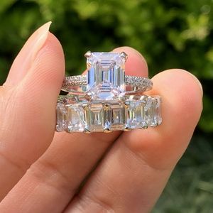 Rozmiar 5-10 Obrączki Prestiżowa Biżuteria Prawdziwe 925 Sterling Silver Emerlad Cut White Topaz CZ Diamentowe Gemstones Wieczność Kobiety Zaręczyny Para Zestaw Ring Bridal Prezent