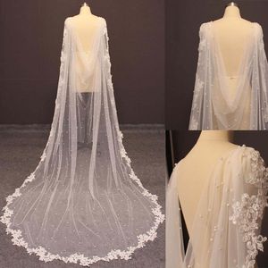 Katedralen Bridal Veils Wraps Tippet Ett lager Spets Edge Pärlor Appliqued Super Long Length Robe Tail Veil Luxury Amice Custom Made Women Sjal