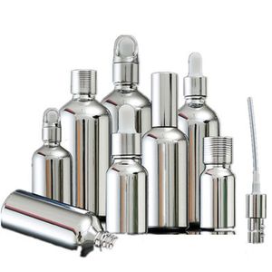 収納ボトル瓶5ml-100mlシルバーガラス瓶エッセンシャルオイルドロッパーバイアル化粧品包装血清ローションポンプスプレーアトマイザー15ピース