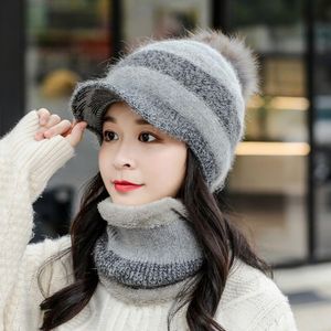 Berets Beanies Scarf Winter Warm Women Set Fur Fashion Hat Girl Woolen Pompom Knitted Skullies Hats For