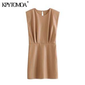 Women Chic Fashion Faux Leather Pleated Mini Dress Vintage Shoulder Pads Side Zipper Female Dresses Vestidos Mujer 210416