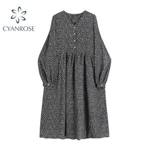 Långärmad blommigryck Vintage klänning Kvinnor Rok Mori Tjej Stilfull Elegant Holiday Boho Dresses Streetwear Vestidos Mujer 210417