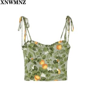 Kvinnor Vintage Gul Lemon Print Green Slim Women Top Back Elastisk Tank Justera Spaghetti Straps Chic Sommar Camis 210520