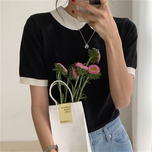 Black Elastic Slim Korean Lady Summer Plus Femme Casual Streetwear Chic Shirts Short Sleeves OL Blouses 210525