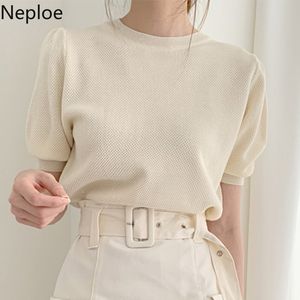 Neploe Women T Shirt O Neck Fashion Knit Pullover Tees Manica corta All Match Vintage Top Solid Simple Loose Camicia elegante 210422