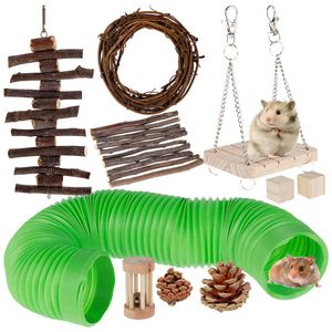 10st Trä Hamster Set Guinea Pig Chew Toy Gerbil Kanin Pet Bird Playing Sport Tillbehör Små djurförsörjning