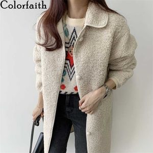 Colorfaith Autumn Winter Women Jackets Warm Korean Style Office Lady Coat Outerwear Wool Blends Wild Long Tops JK1280 211104