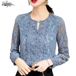 Höst Blå Lace Bottom Shirt Kvinnor Kontor Långärmad Floral Pullover Blus Koreanska Plus Storlek Dam Tops 10357 210508