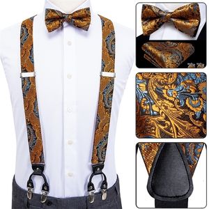 Luxury Silk Adult Men's Suspenders Leather Metal 6 Clips Braces Wedding Party Bow Tie and Vintage Elastic Men 220221