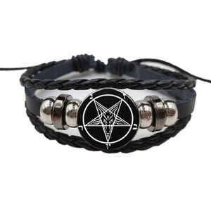 Charm armband rött gethuvud flätat armband män vintage brons femspetsigt stjärnmönster läder satanism gotisk