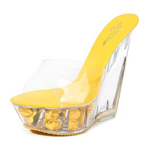 Hoksvzy Super High Heel Cool Slipper Transparent Specialformad Crystal Slipper Vattentät Platform 15cm Wedges Kvinnor Sandal JMG7Y67